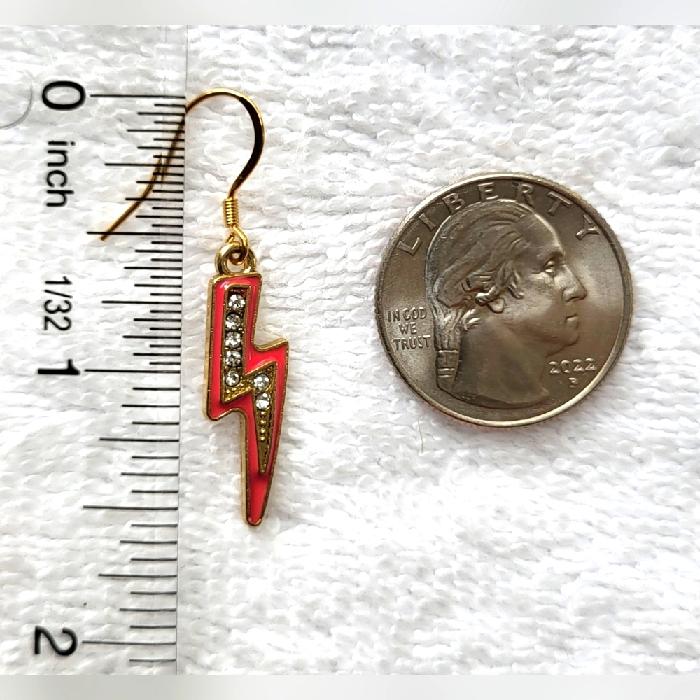 Hot Pink and Rhinestone Lightning Bolt Statement Dangle Earrings / Pierced - Picture 5 of 6